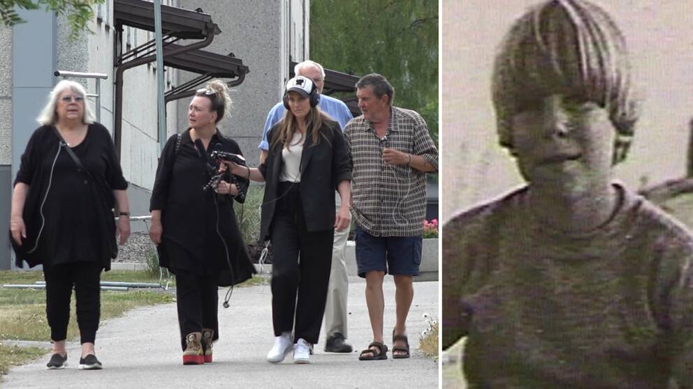 Bilden är ett montage. Till vänster syns Johan Asplunds mamma gå bredvid Camilla Läckberg, långt till höger syns Johan Asplunds pappa. De går i Bosvedjan.