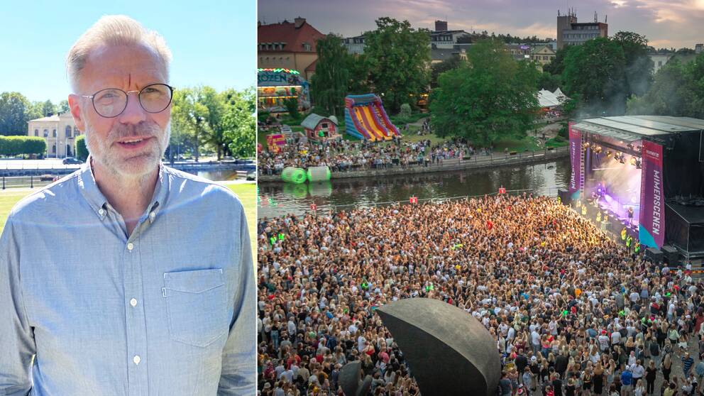 Kollage med man till vänster och till höger publik framför en scen på Cityfestivalen i Västerås.