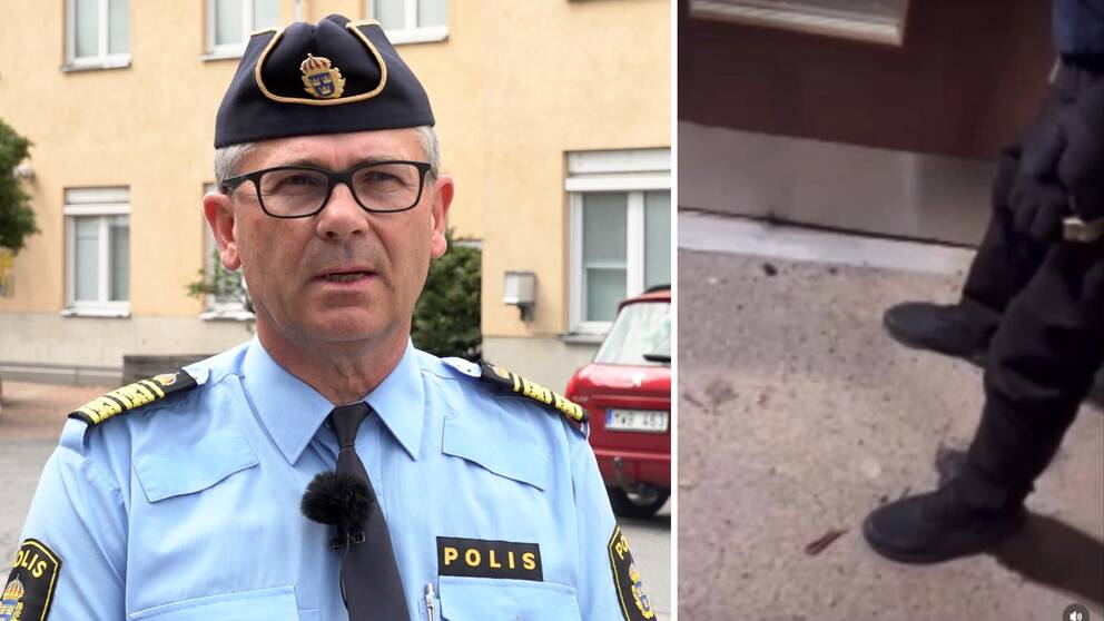Michael Mattsson, biträdande polisområdeschef i Blekinge och nordöstra Skåne, tvådelad bild, andra delen är en stillbild från en film som visar en sprängning i Stockholm.