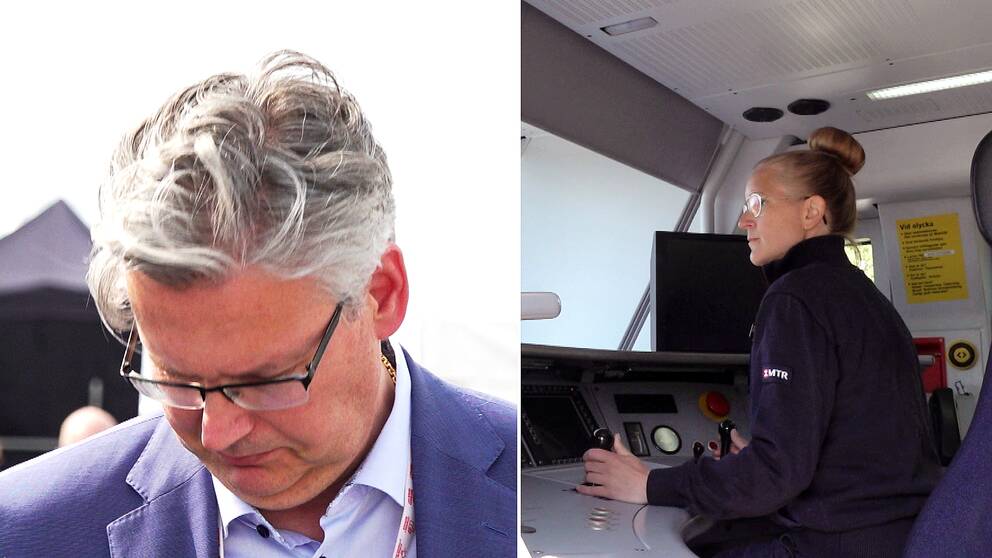 Delad bild på Henrik Dahlin, vd för MTR, som lämnar intervju med SVT och Nikki Olsson Brissmyr ståendes i lokförarhytten.