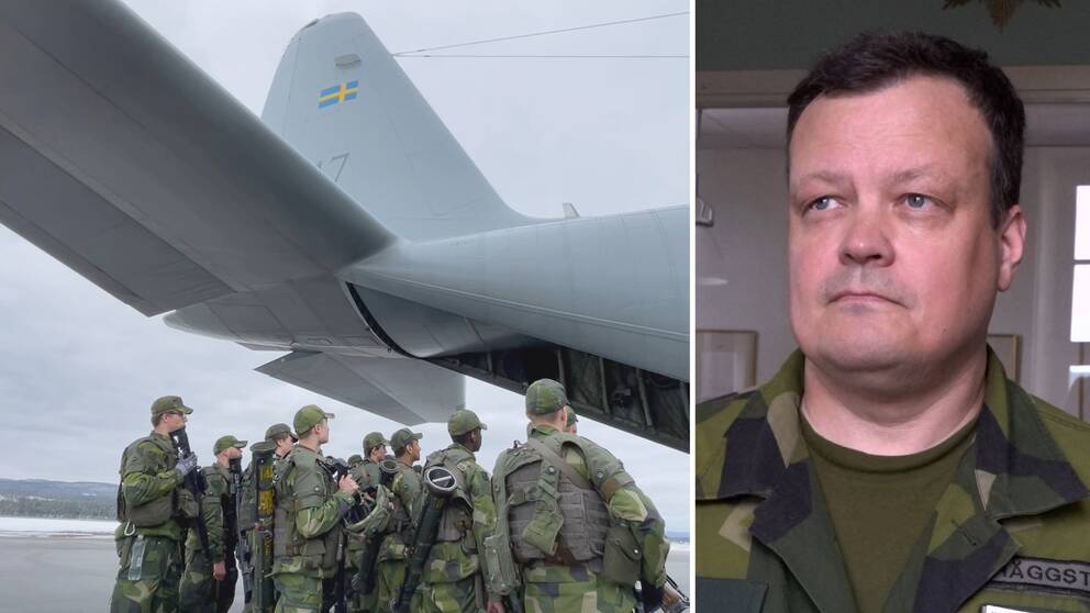 Bild på stabschefen Urban Häggström. Även en bild på ett militärflygplan med värnpliktiga vid I21 bredvid.
