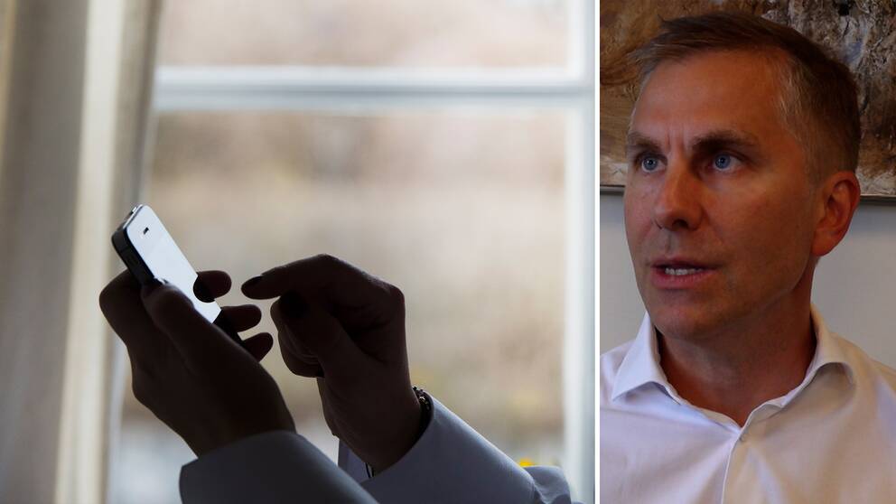 Bedrägeriexperten Anders Björkenheim, bredvid bild där händer klickar på en smarthphone.