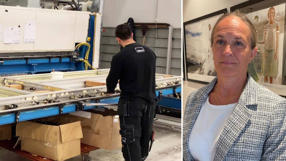 Till höger: Frida Boklund, regionchef Företagarna, beskriva det tuffare läget för företagarna i Jönköpings län. Till vänster: En arbetare på en industri monterar.
