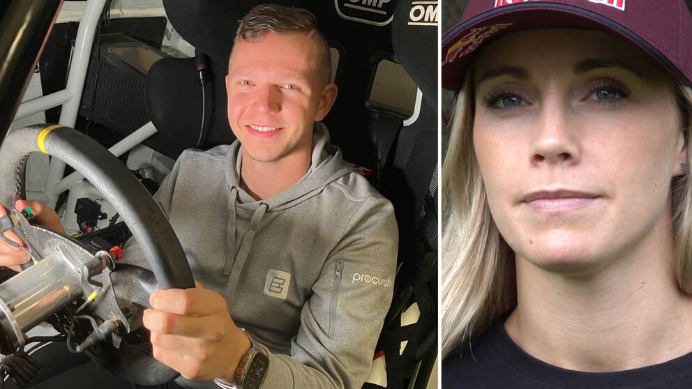 Tvådelad bild: Rallycrossförarna Nils Andersson bakom ratten på sin bil och Mikaela Åhlin Kottulinsky fotograferad i porträtt.