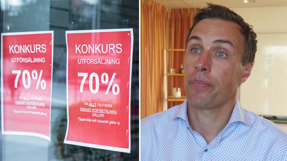 Tvådelad bild: Information i skyltfönstret på en butik som informerar om konkursutförsäljning och Oskar Axelsson, vd för Handelskammaren i Mälardalen.