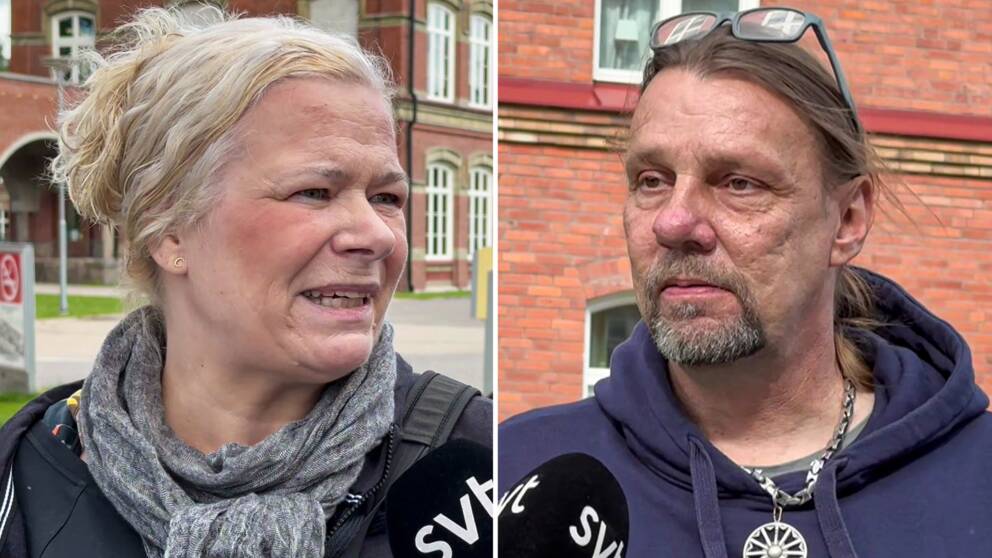 Hjärtstoppspatienterna Charlotta Johansson och Patrik Nilsson utanför Lidköpings sjukhus.