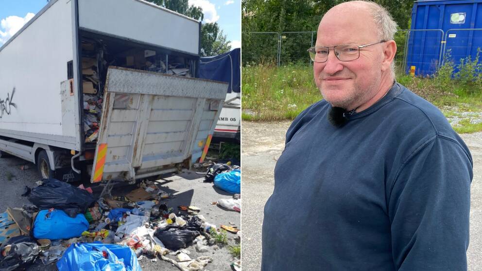 Tvådelad bild: En lastbil fylld med diverse skräp och fastighetsskötaren Patrik Sohl.