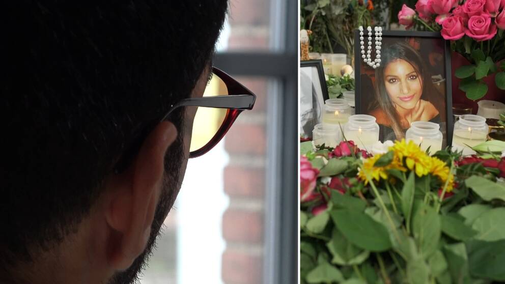 Bakhuvudet på Karolin Hakims bror som bär glasögon, till höger en bild på Karolin Hakim från minnesplatsen i Malmö efter att hon blivit mördad.