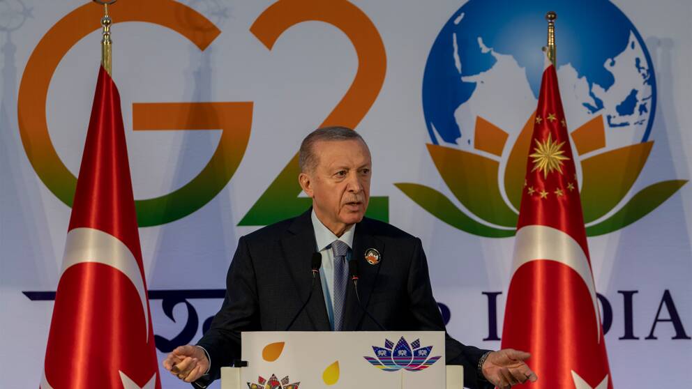 Turkiets president Recep Tayyip Erdogan på en presskonferens i samband med G20-mötet i New Delhi.