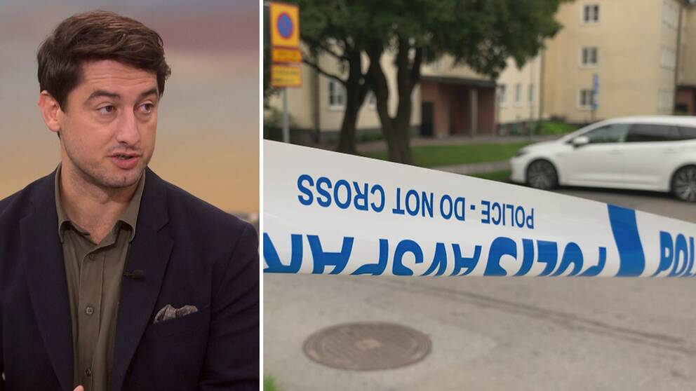 SVT:s reporter Diamant Salihu till vänster. Till höger en bild på polisavspärrningar.