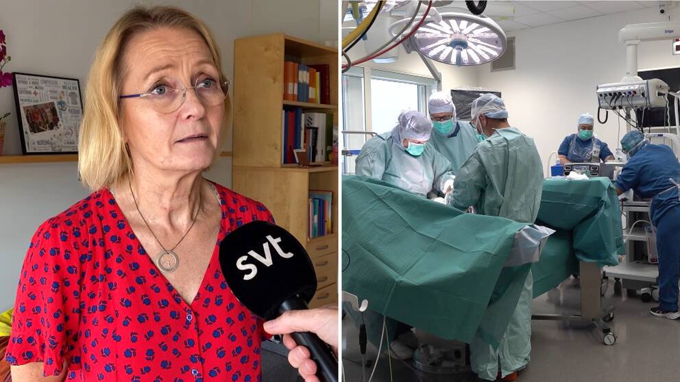 Till vänster i bild pratar Ingrid Edman i SVT:s mikrofon och till höger syns personal i en operationssal.