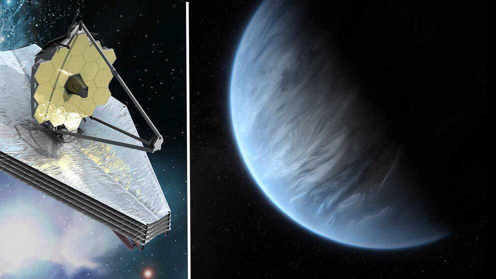 James Webb-teleskopet och planeten K2-18b som ligger 120 ljusår bort.