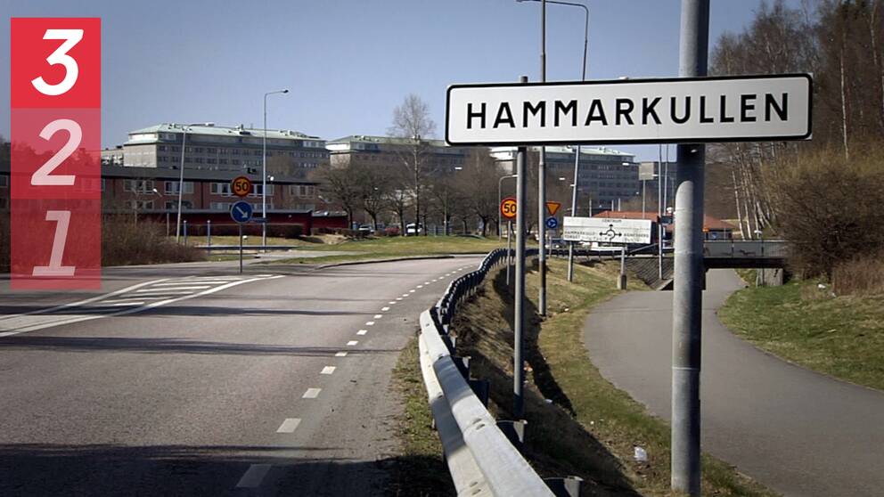 Skylt med texten Hammarkullen i förgrunden och höghus i bakgrunden.