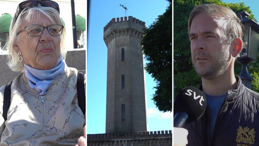 Kvinna i ljus jacka och med glasögon tittar till höger i bild, i mitten vattenborgen i Karlskrona, till höger man framför ett träd och lyktstople som tittar åt vänster i bild.