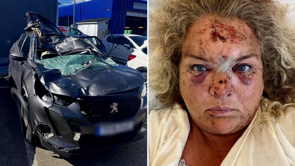Tvådelad bild, till vänster på en demolerad bil, till höger en bild på Cecilia Läckberg Blom när hon har flera skador i ansiktet och plåster mellan ögonbrynen.
