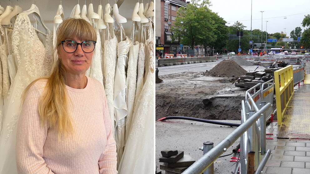 Två delad bild. Till vänster står en blond kvinna med glasögon och rosa tröja och tittar in i kameran. Bakom hennes syns brudklänningar hänga. Till höger i bild syns en väg som är uppgrävd, trafikljus, och avpärrningsstaket.