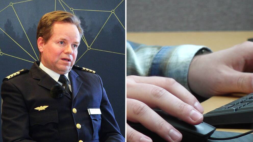 En man sitter i uniform framför en mörk bakgrund och en bild på händer som håller på ett tangentbord och en datormus.