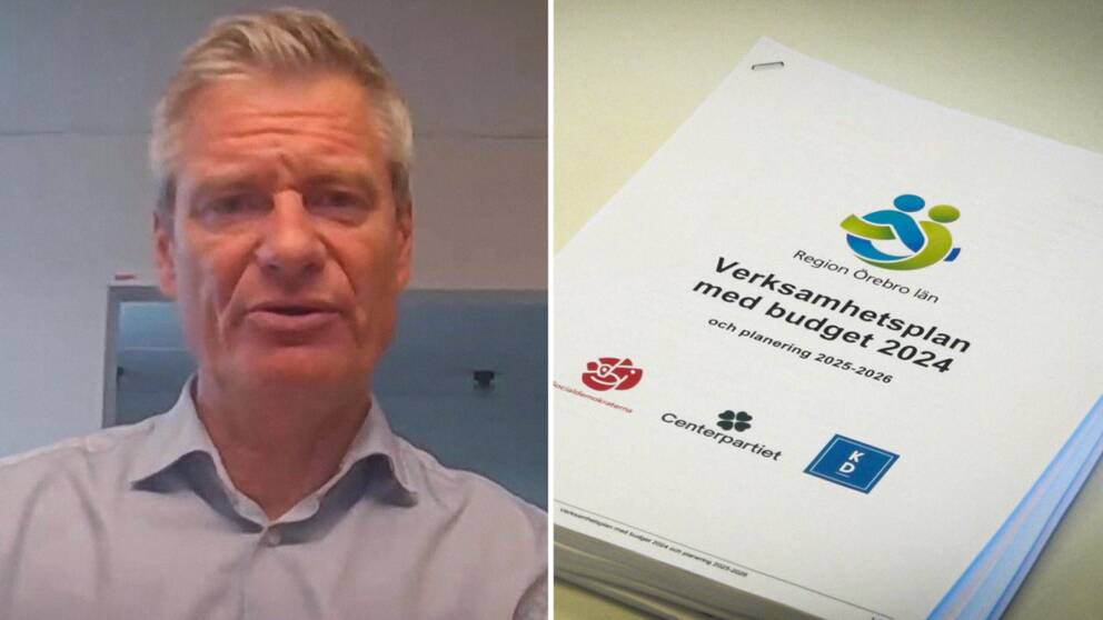 Till höger Örebros regiondirektör Rickard Simonsson. Till vänster en bild på regionens budget 2024.