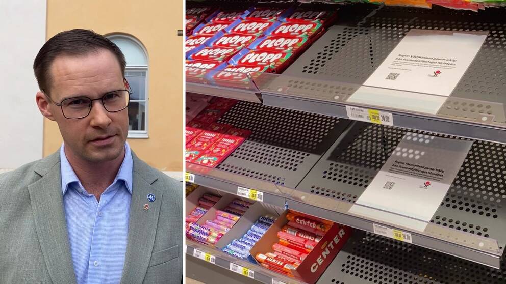 Man i kostym och glasögon framför regionhuset i Västerås, halvtom godishylla i butik