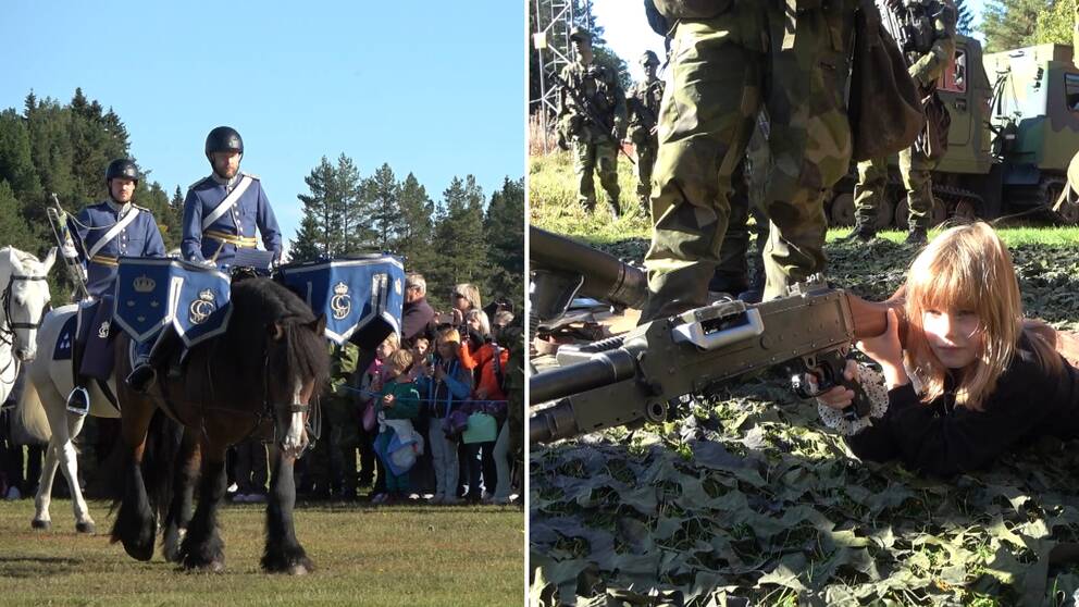 Ridande militärmusik och flicka med gevär som ligger på marken