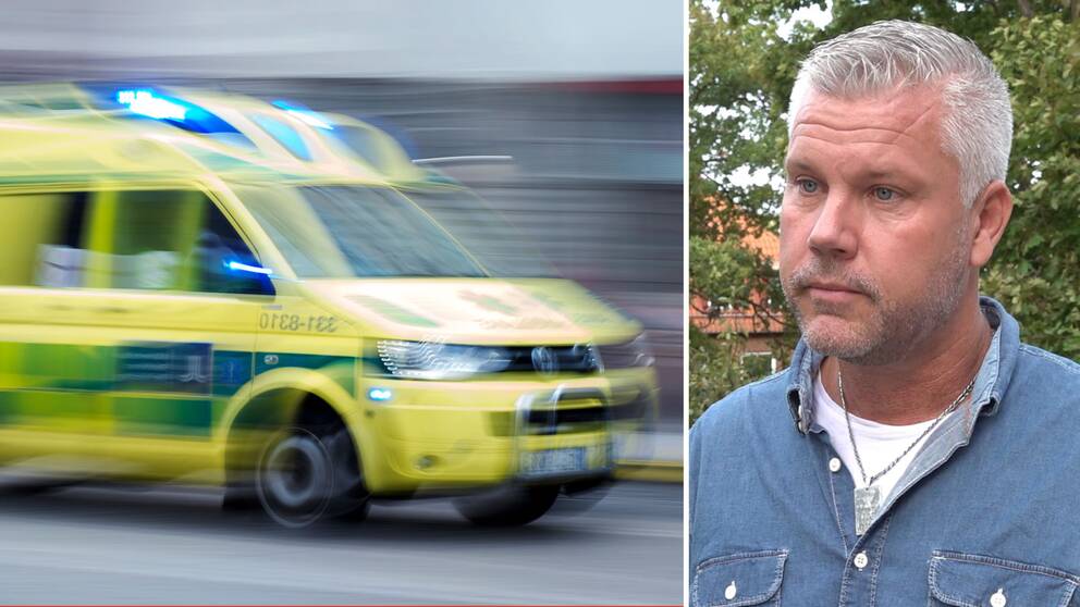 Gul ambulans med blåljus på. Gråhårig man med blå jeansskjorta tittar snett åt vänster i bild. Patrik Karlsson, akutmottagningen Blekingesjukhuset.