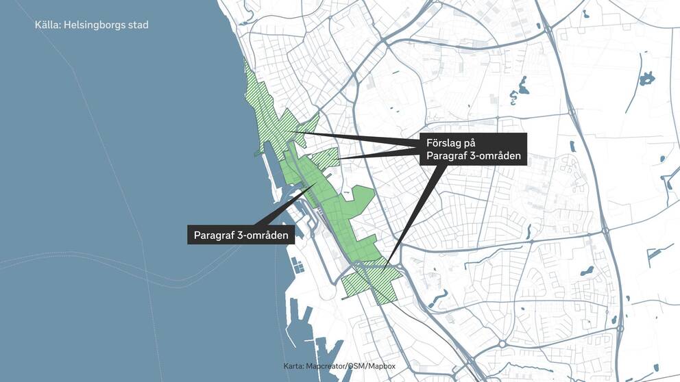 En digital karta över Helsingborg och nuvarande samt föreslagna Paragraf 3-områden.