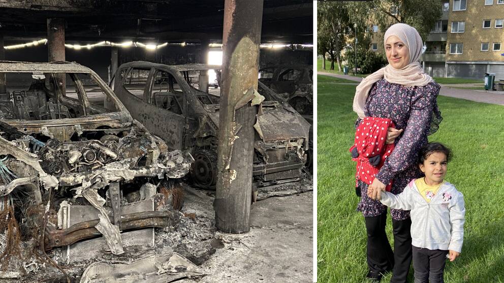 Atiaf Al-Naeem och brända bilar i ett garage.