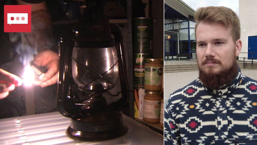 Foto på fotogenlycka där någon tänder en tändsticka i bakgrunden. Bild 2: Pontus Andersson, säkerhetssamordnare på Lindesbergs kommun