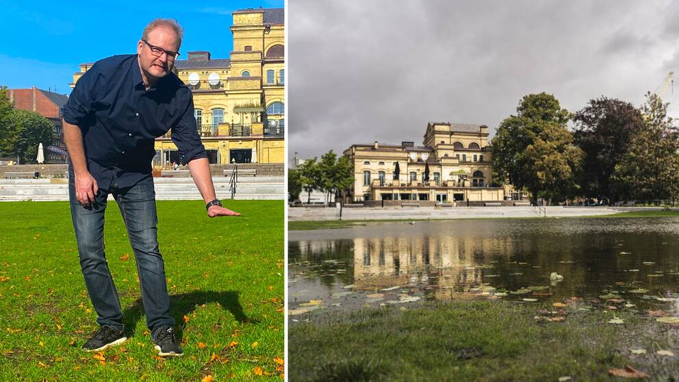Klimatsamordnaren Mattias Alfredsson står på den nya gräsmattan i Teaterparken i Landskrona.