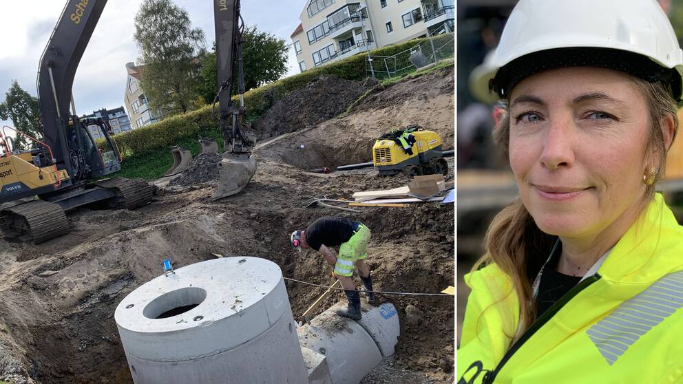 En arbetsplats där ledningsnätet grävts fram