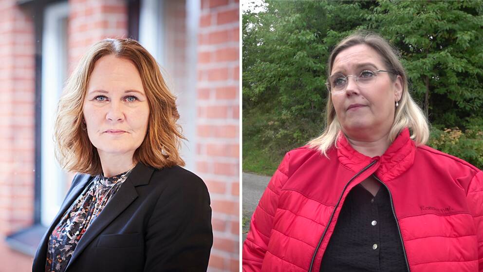 Habos socialchef Pernilla Ekberg med svart kavaj och en svartpricking blus under, samt Kommunals Anki Fodor med en röddunjacka.