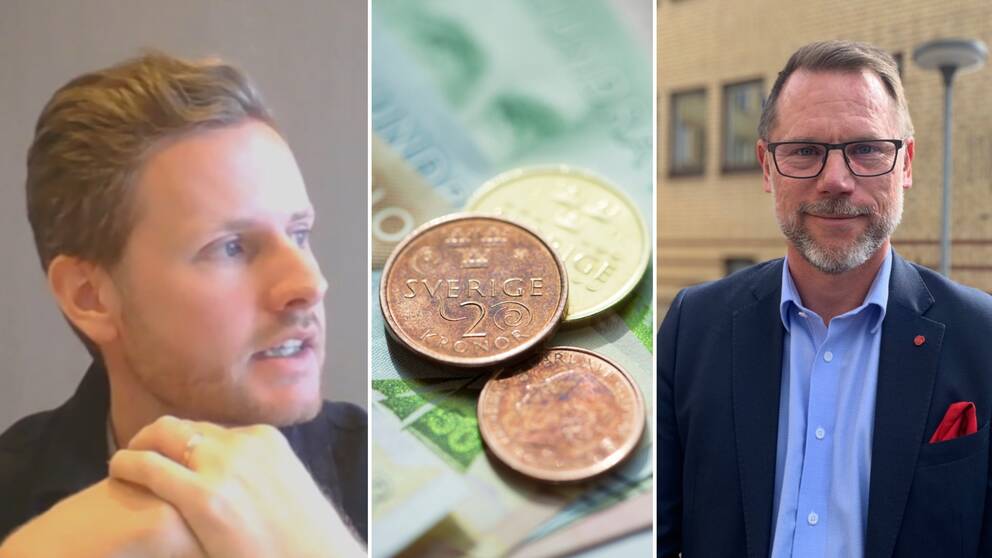 Tredelad bild: Sebastian Cehlin (M) och Andreas Svahn (S), samt några svenska kronor i mynt.