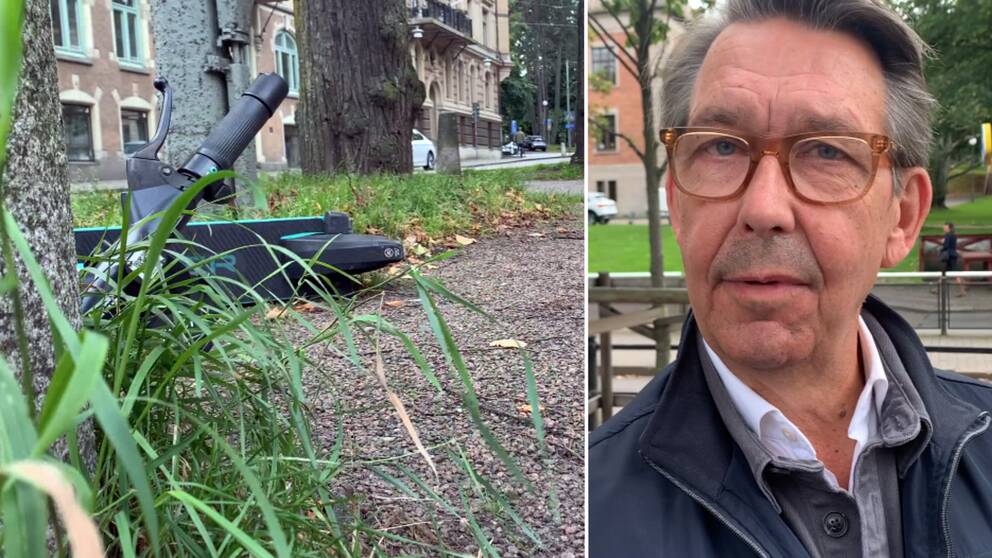 Till vänster: slängd elsparkcykel. Till höger: Programledaren Hasse Aro.