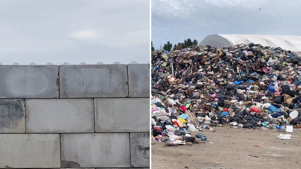 Till vänster i bild syns en del av en betongmur. Vill höger i bild ligger en hög med hushållssopor på avfallsstationen Gryta i Västerås.