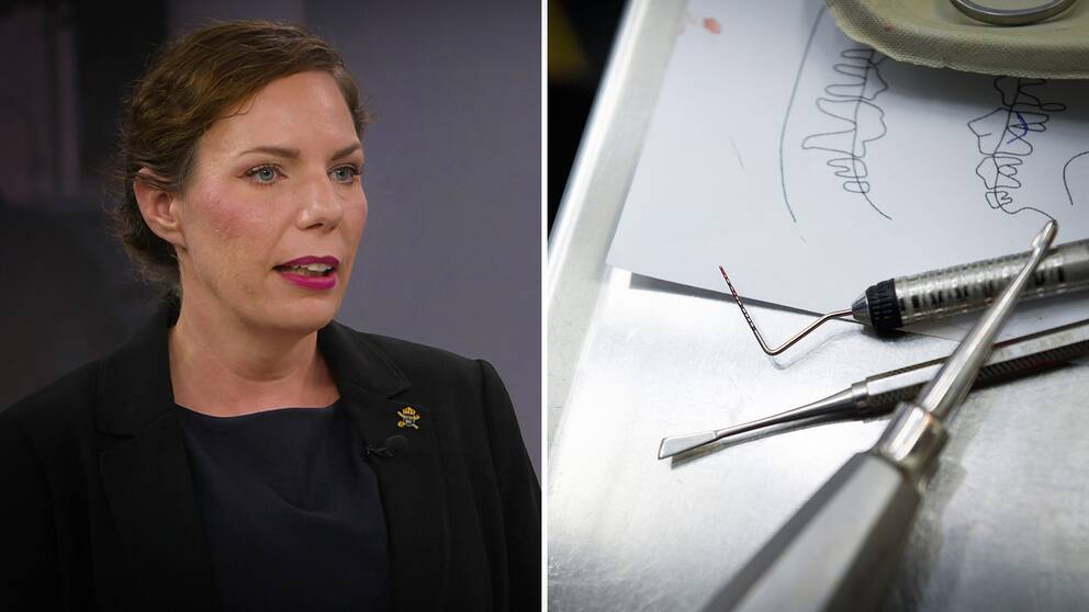 Sara Persson, brottsförebyggande specialist på Ekobrottsmyndigheten. Bredvid bild på tandläkarverktyg.