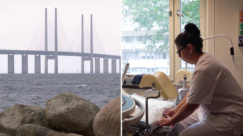 Roxana Leyton, barnmorska på Skånes universitetssjukhus hon är en kvinna med mörkt hår och glasögon i sjukhuskläder. Till vänster Öresundsbron.