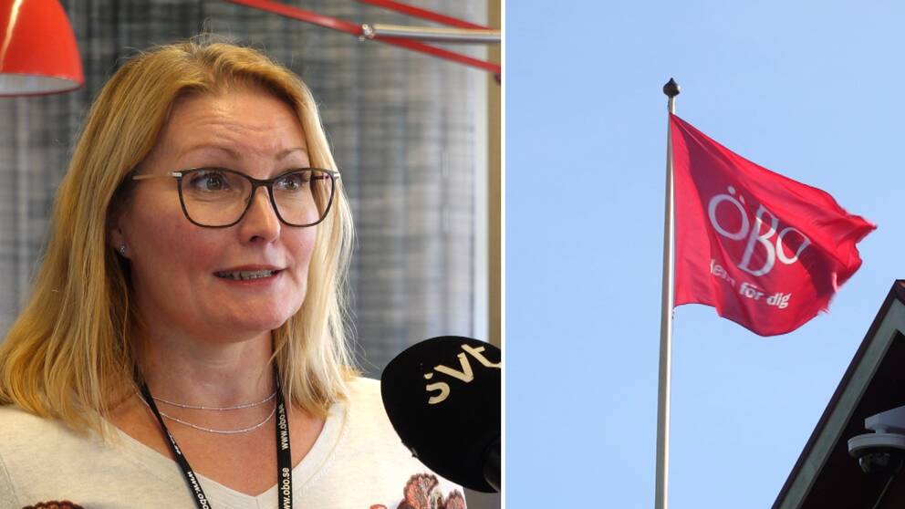 en kvinna i glasögon blir intervjuad, flagga med texten Ö B O på fladdrar i vinden
