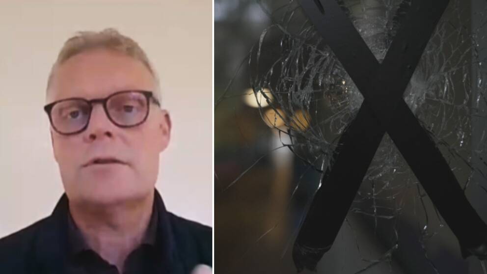 Lars Wiren, polisområdeschef i Örebro till vänster. Till höger ett fönster med skotthåll och ett kryss tejpat över hålet.