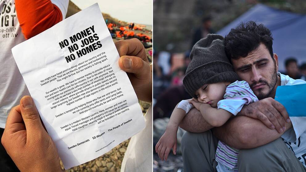 Brevet, som sprids bland flyktingar på grekiska Lesbos, uppges komma från Sverigedemokraterna.