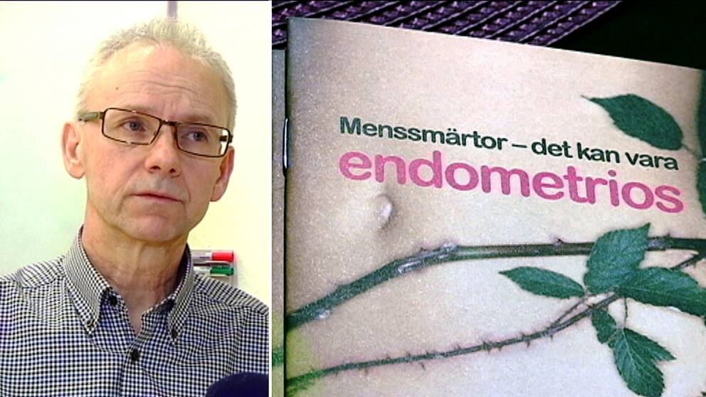 Till vänster: En bild på specialistläkaren Matts Olovsson. Till höger en bunt informationshäften om endometrios, med rubriken Menssmärtor – det kan vara endometrios.