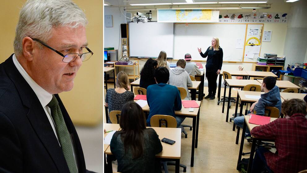 Vikarierande partiledaren Anders W Jonsson (C) och till höger en bild från ett klassrum.