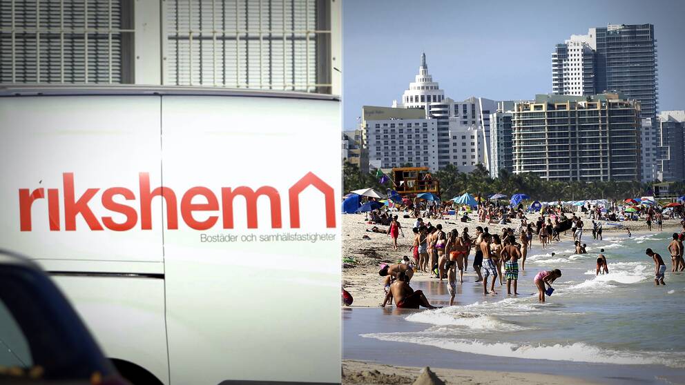 Till vänster. En bil med Rikshems logotyp. Till höger Miami beach med en liten del av Miamis skyline