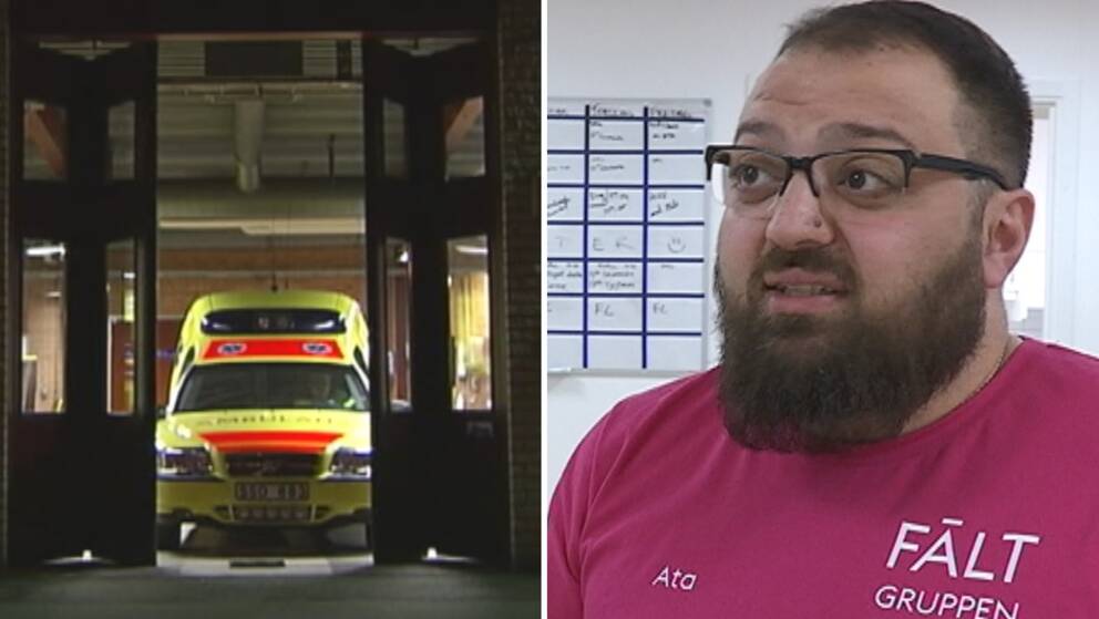 Delad bild, till vänster en ambulans och tillhöger Ata Hosseini, fältassistent i Rinkeby-Kista.