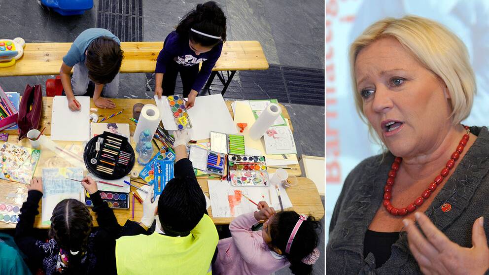 Flyktingbarn ritar teckningar vid ett bord. Till höger en bild på Elisabeth Dahlin, generalsekreterare för Rädda Barnen.