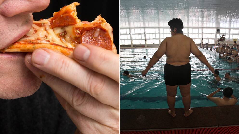 En man som äter pizza och en bild på överviktiga patienter på ett sjukhus i Kina.