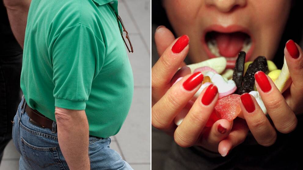 En mans mage och en kvinna som håller en massa godis i handen.