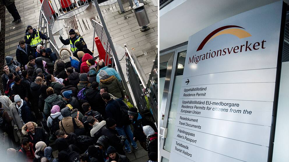 Stor grupp av asylsökande och migrationsverkets skylt.