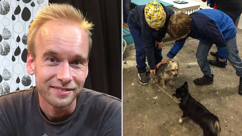 Stefan Johansson på Funkibator och två barn som klappar en liten hund.