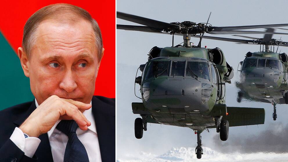 Rysslands president Putin och svenska militärhelikoptrar. 