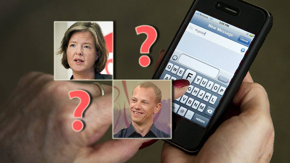 Bildmontage på Carin Jämtin, Petter Persson och en mobiltelefon.